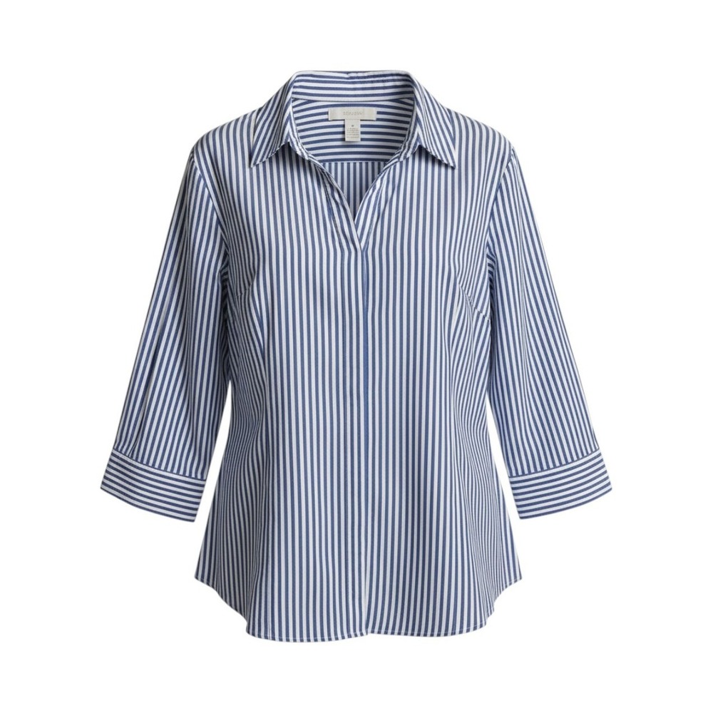 Chicos Button Down Shirt Womens 2 Large Blue Striped No-Iron 3/4 Sleeve Metallic